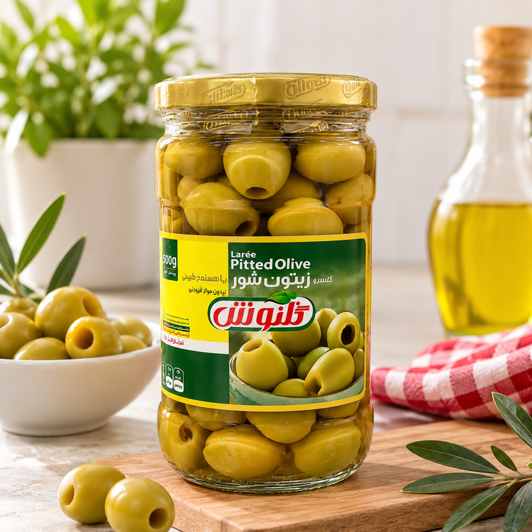 کنسرو زیتون شور بیهسته درشت گلنوش 670 گرم