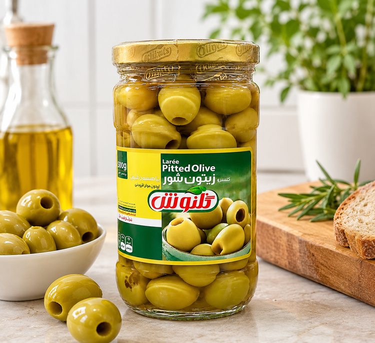 کنسرو زیتون شور بیهسته درشت گلنوش 670 گرم
